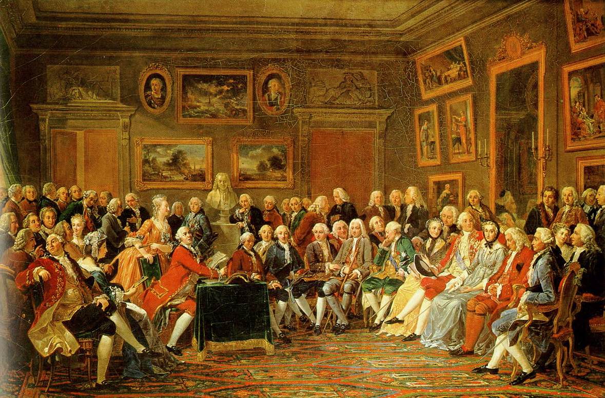 Portrait of Enlightenment thinkers in an aristocratic salon.